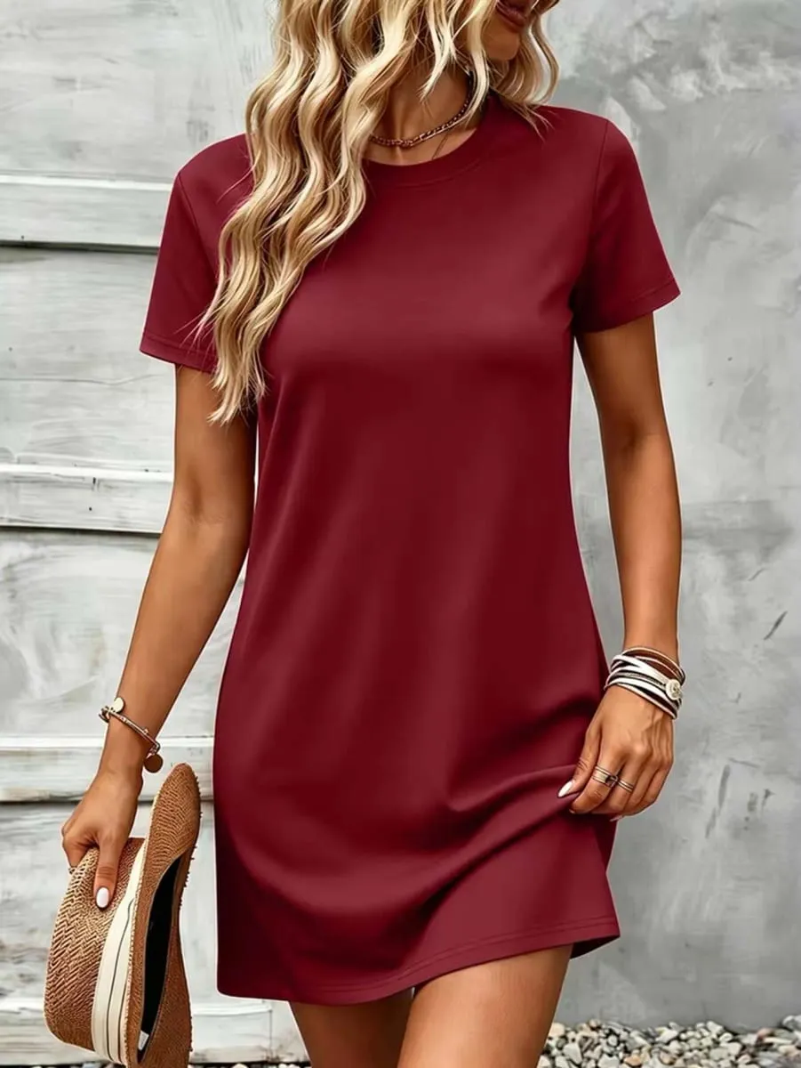 Women's Casual Daily Commuting Simple Straight-Cut Short-Sleeved Dress Comfortable and Versatile.