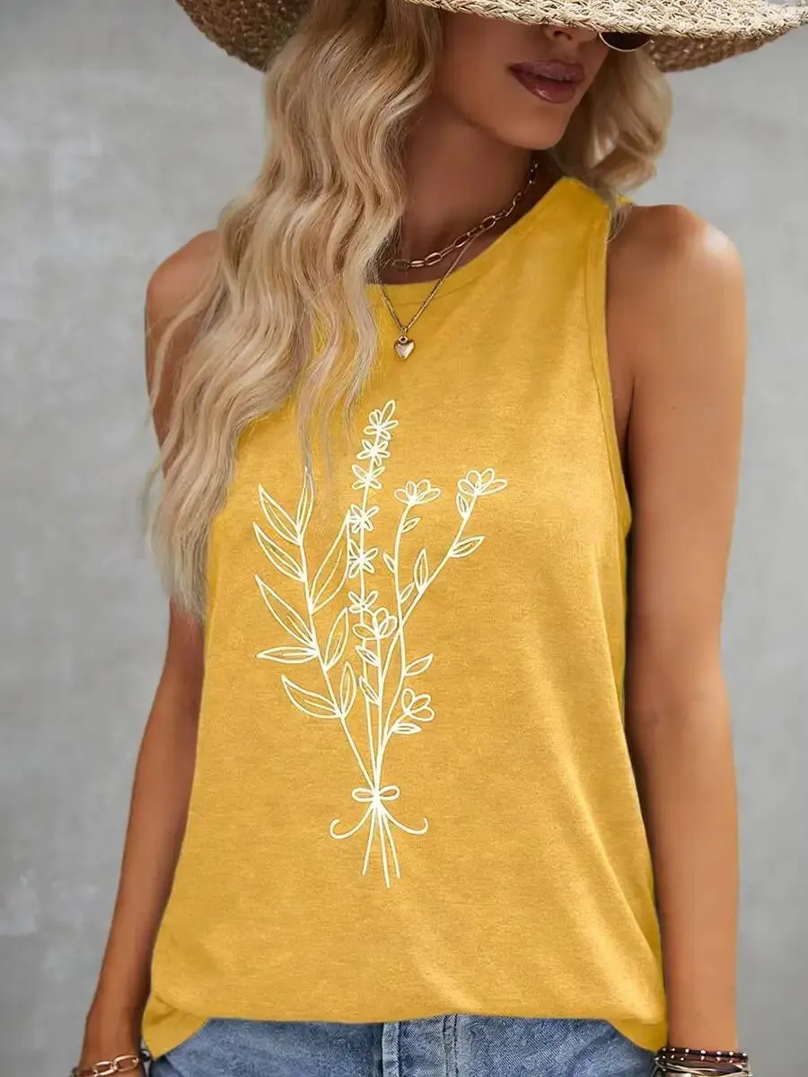 Casual Yellow Floral Print Round Neck Tank Top Loose Fit Sleeveless Blouse For Daily Vacation Beach Summer Outfits