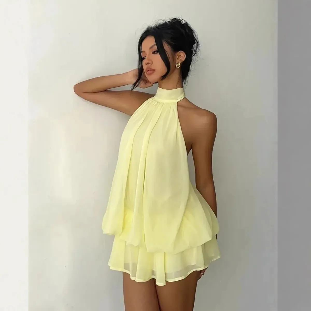 Women's Halter Neck Dress Backless Tie-Front Chiffon Sheer Mini Skirt Fashionable Sexy Y2K Vintage Cute Party Birthday Dress