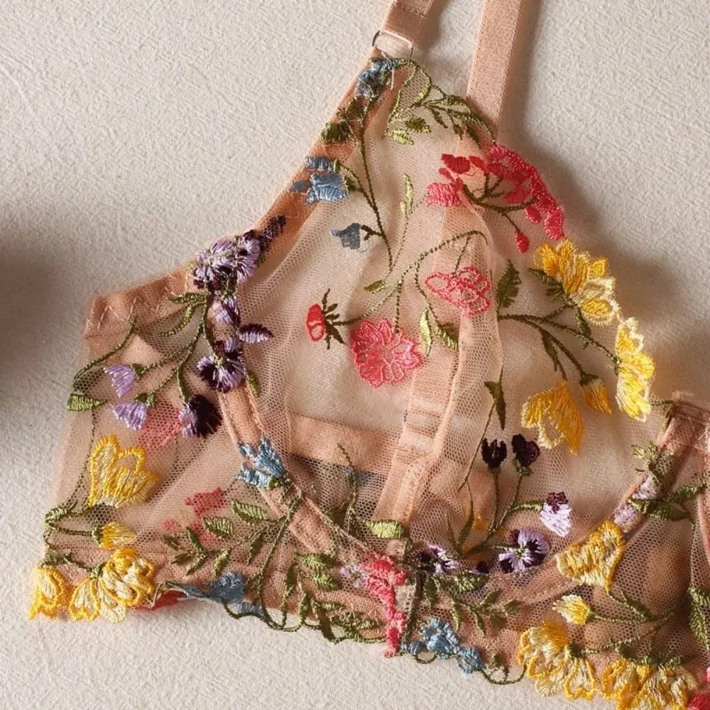 Sheer Intimates Transparent Lingerie Set Push Up Elegant Embroidery Floral Underwear Ultra-thin Panties Bra Set Lady