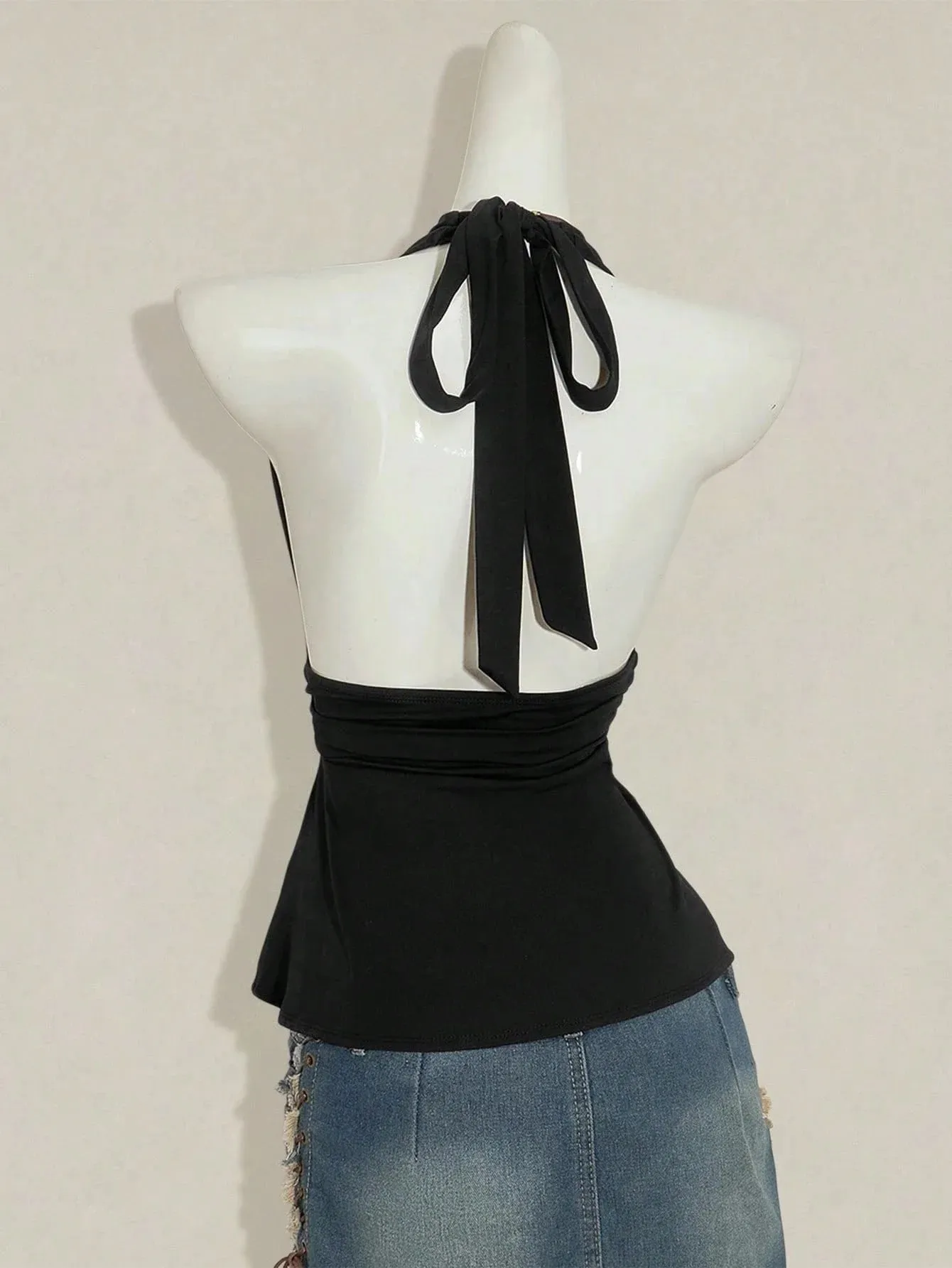 Halter Neck Tie Back Peplum Top Deep V Neck Ruched Waist Sleeveless Open Back Streetwear Party Clubwear For Women