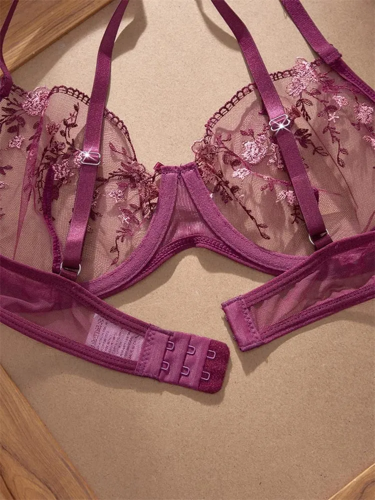 Romantic Women's Underwear Ultra Thin Floral Embroidery Sexy Lingerie See Through Pure Desire Lingerie Set Push Up Sexy Bras