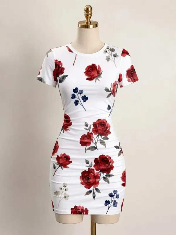 Γυναικείο κοντό μανίκι Μίνι φόρεμα Bodycon Slim Fit Crew Neck Floral print Casual καλοκαιρινό πάρτι Χαριτωμένο κομψό, απαλό Sundress για διακοπές