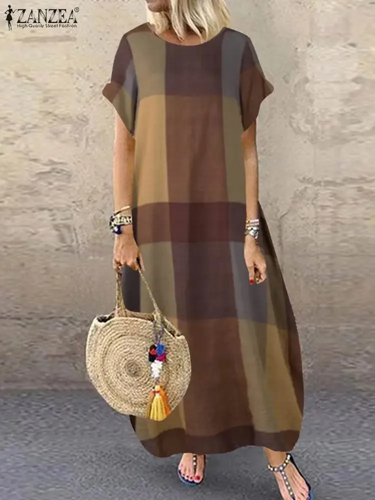 Bohemian Plaid Überprüft Sommerkleid Sommer Kurzarm Langes Kleid Mode Urlaub Partei Vestido Femme Casual Lose Robe 2025