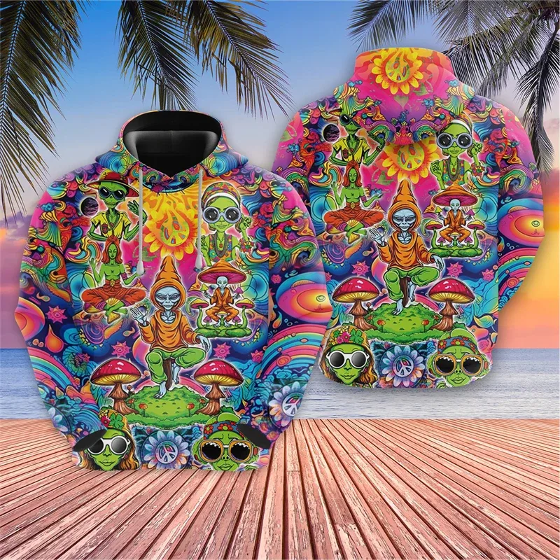 Harajuku Fashion Alien Graphic Sweatshirts Trippy Mushroom Y2k Hoodies For Men Clothes Cartoon Boy Pullovers Hip Hop UFO Hoody