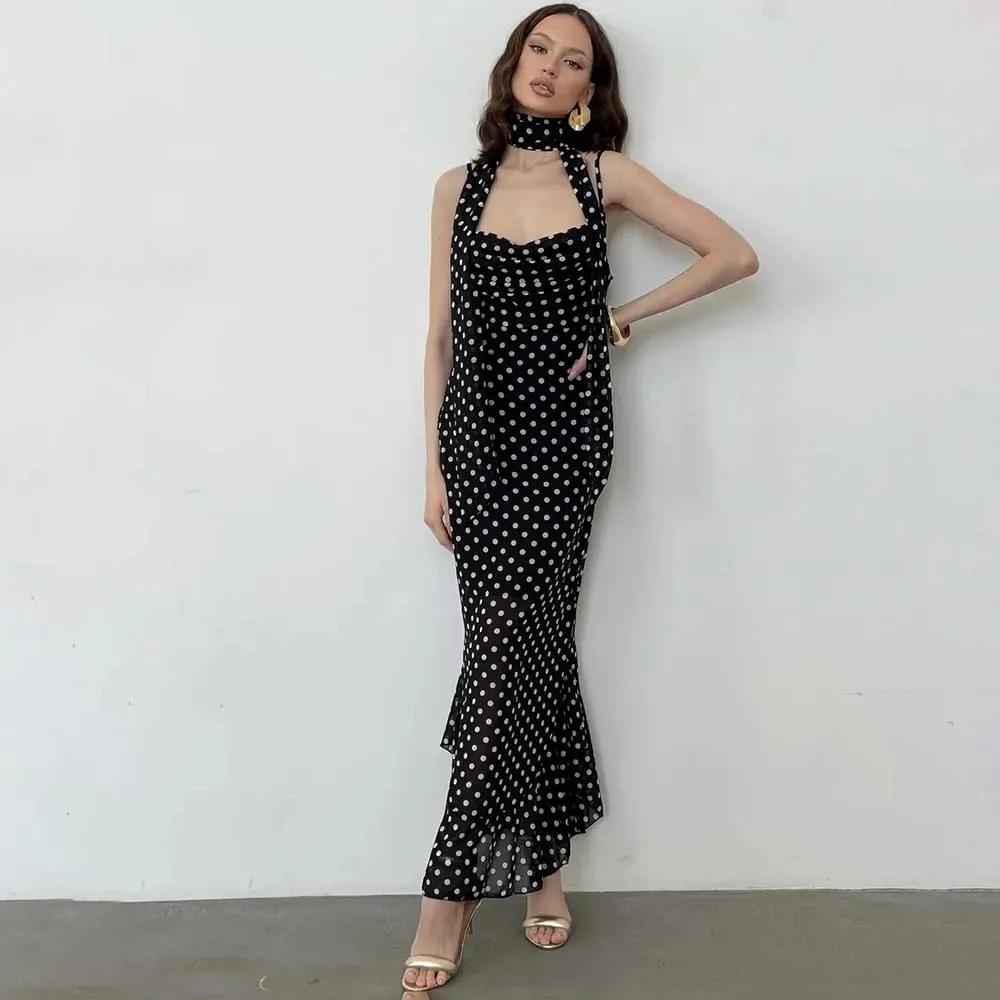 Tuularose Elegantes, gepunktetes langes Kleid für den Sommer, Schal, Band, Rüschen, Neckholder, Faltenkleid, luxuriös, ärmellos, Damen-Abendkleider