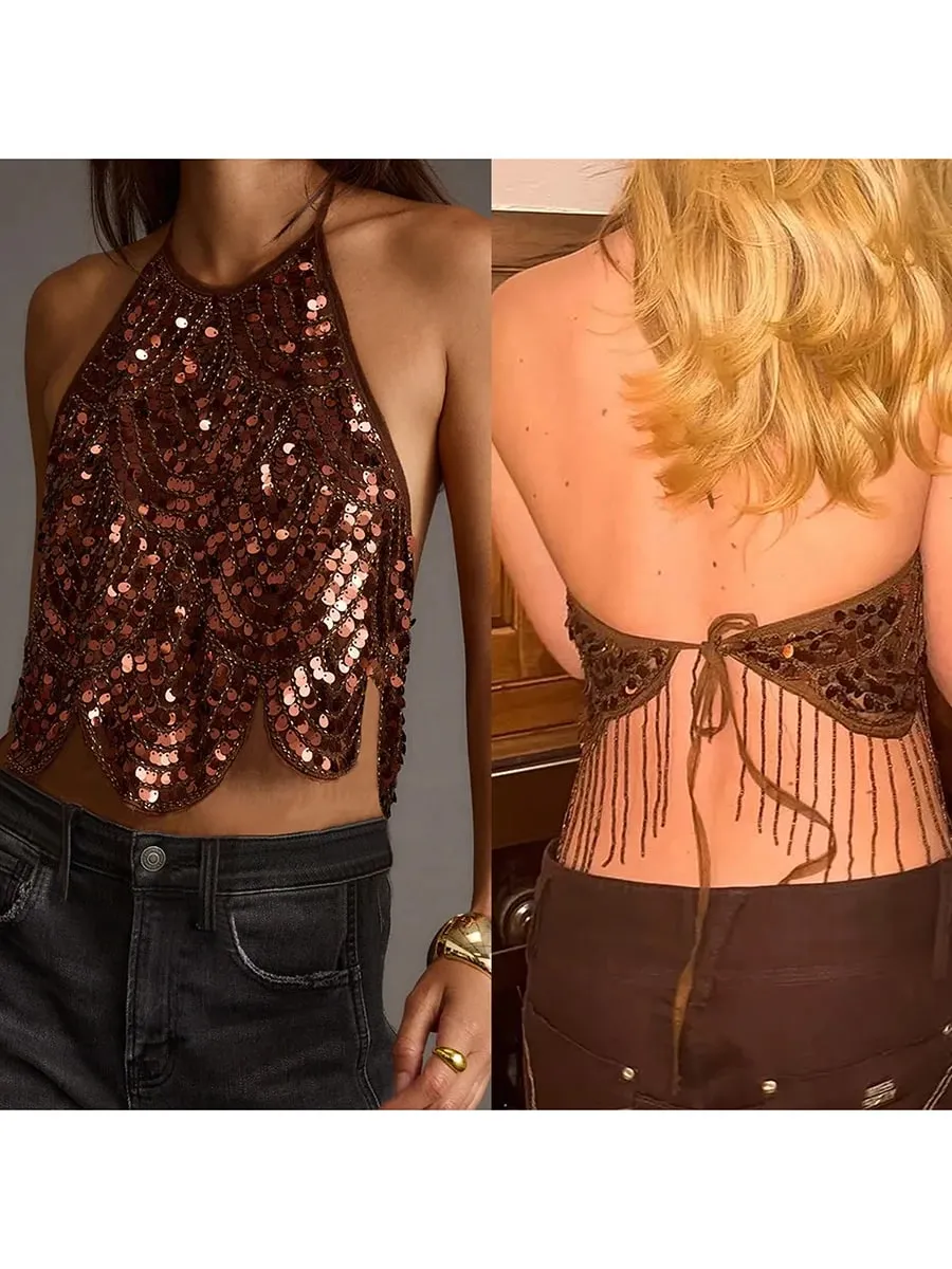 Sexy dámské Halter Flitrové tílko bez zad se zavazováním Sexy třpytivý Crop Top Bez rukávů Třpytivé Party Topy Klubové oblečení