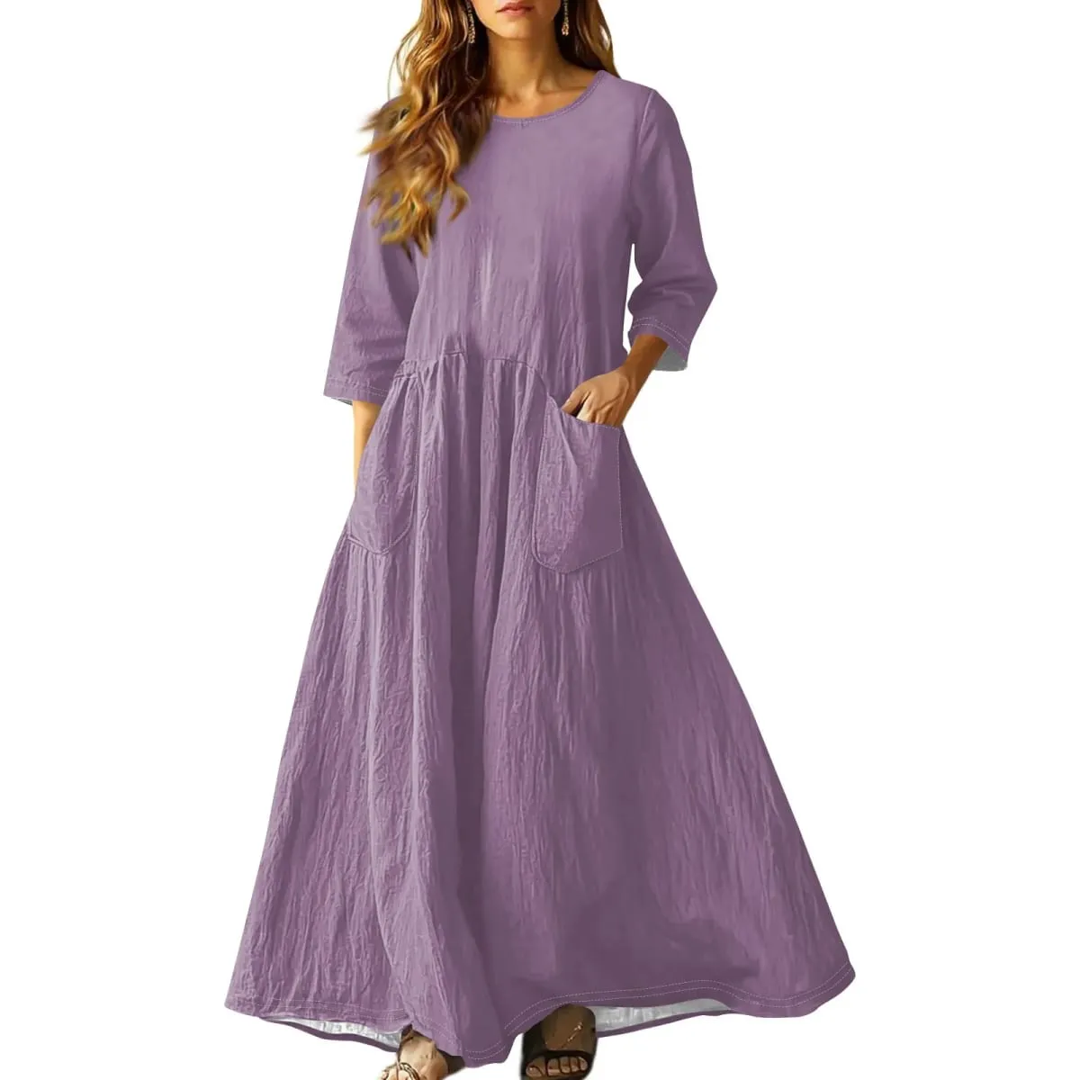 Women's Summer Loose Long Dresses Solid Color Three-quarter Sleeve Double Pocket Dress Loose Round Neck Linen Dress Vestidos