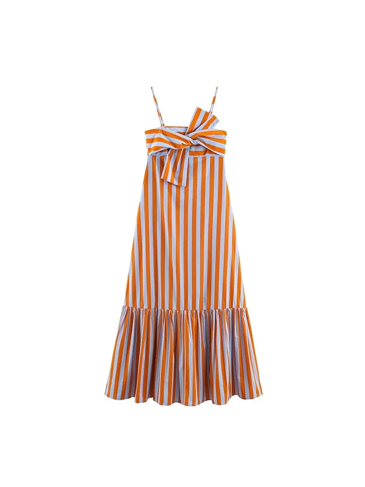 Fashion Women Stripes Print Sling Dress Sleeveless Bow Front Loose Fit Backless Long Dresses Chic Lady Holiday Robe — image 2