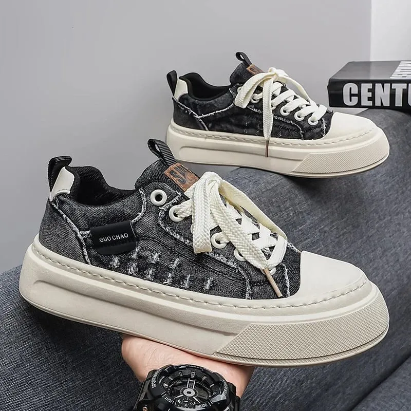 2026 New Thick Soled Non-slip Breathable Casual Low Top Canvas Board Shoes for Men's Versatile Trend Height Increase Sneakers