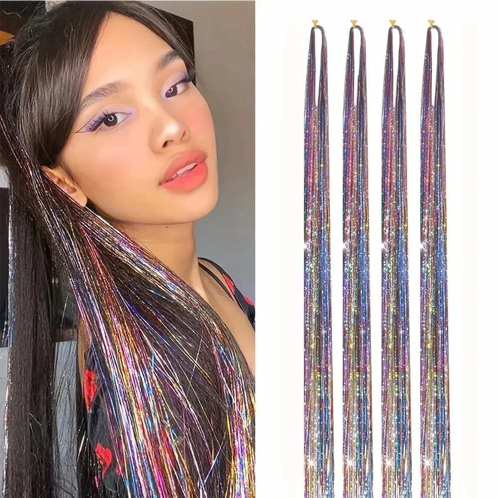 4 Packs 22inch Fairy Tinsel Hair Extensions Kit for Women Holographic Synthetic Hair Extension for Quick Hair Color Change