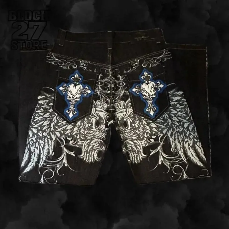New Y2K American Retro Embroidery Jeans Unisex Wide Leg Denim Pants Hip Hop Streetwear Baggy Trousers Casual Fashion Harajuku