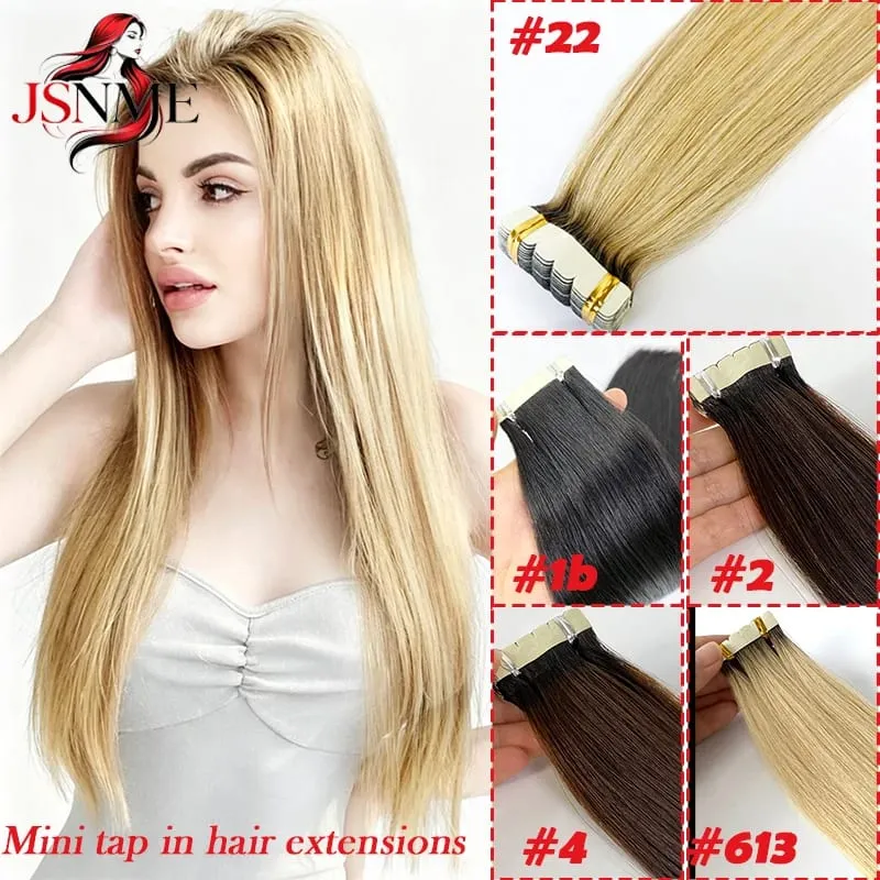 Mini Tape In Hair Extensions Natural Seamless Invisible SKin Remy Tapes in 100% Human Hair Black Brown Blonde For Salon
