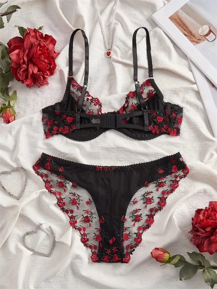 Sexy Lingerie Rose Embroidery Romantic Women's Underwear Tulle Splicing See Through Lingerie Set Ultra Thin Seamless Underwear