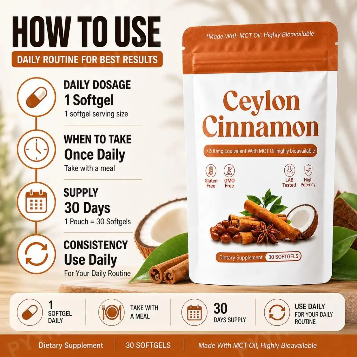 Ceylon Cinnamon Extract Softgels with MCT Oil Antioxidant Support and Metabolism Support Highly Bioavailable 30 Softgels