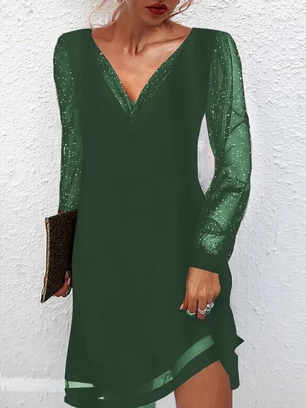 Women's Elegant V-Neck Mesh Patchwork Dress