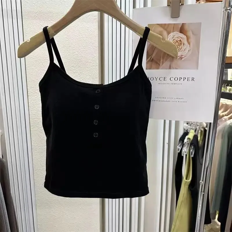 Integrated Stripe Women's Vest Inner Wear Outer Wear Button Fixed Cup No Bra Sports Top Short Style Cotton 100% Short Vest
