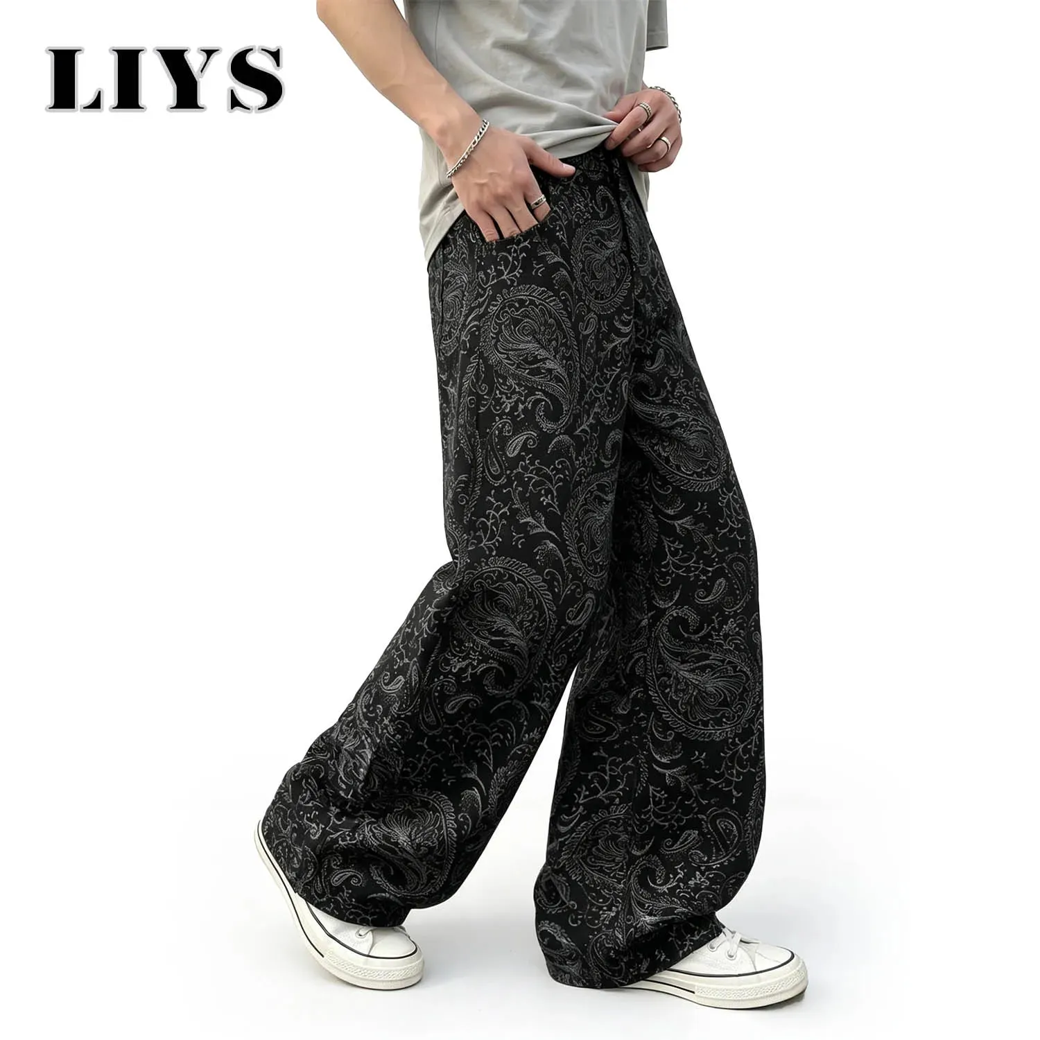 Men's American Trendy Brand Dark Cashew Flower Full Print Jeans Loose Oversize High Street Loose Straight Tube Casual
