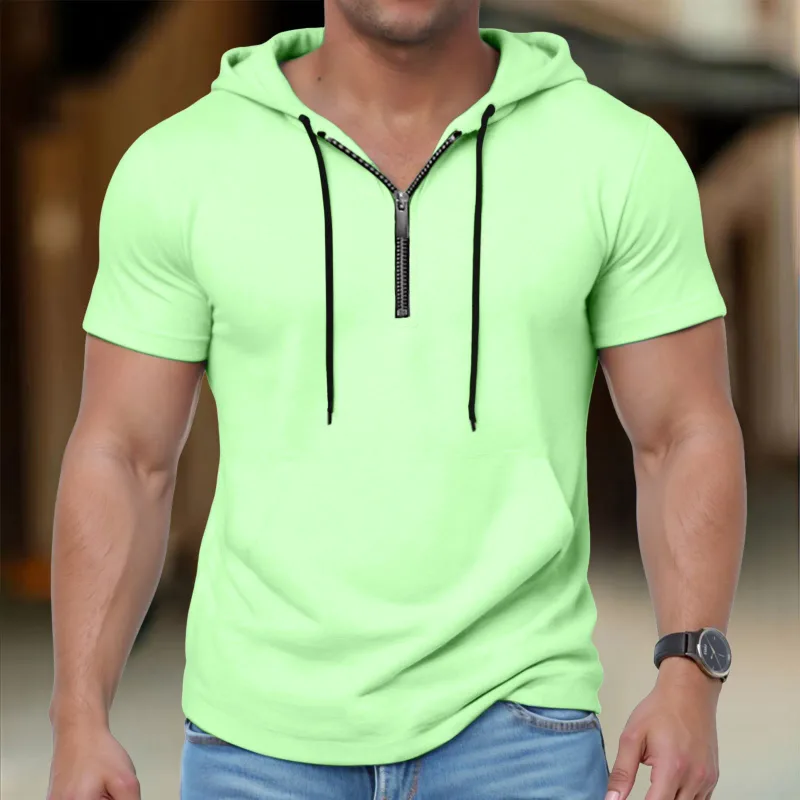 Hoodies casuais de manga curta masculina moda esportes metade zip cordão moletom mostrar mais forte solto respirável fitness hoodies — image 12