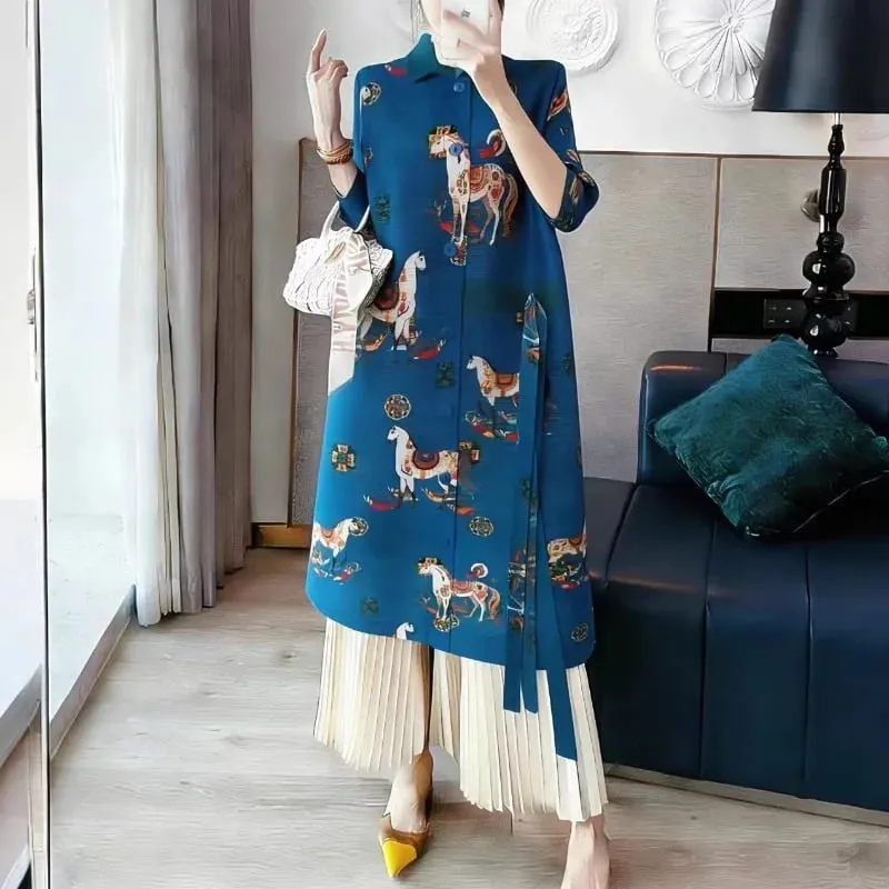 Miyake Pleated Dresses 2026 European New Printed Long Sleeve Single-Breasted Cardigan Jacket Stretch Plus Size Women's Clothing
