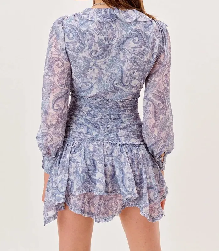 Blue Floral Print Chiffon Mini Dress Women Wood Ears Ruffles V Neck Open Buttons Slim Ruched Waist Long Sleeve Holiday Robe — image 2
