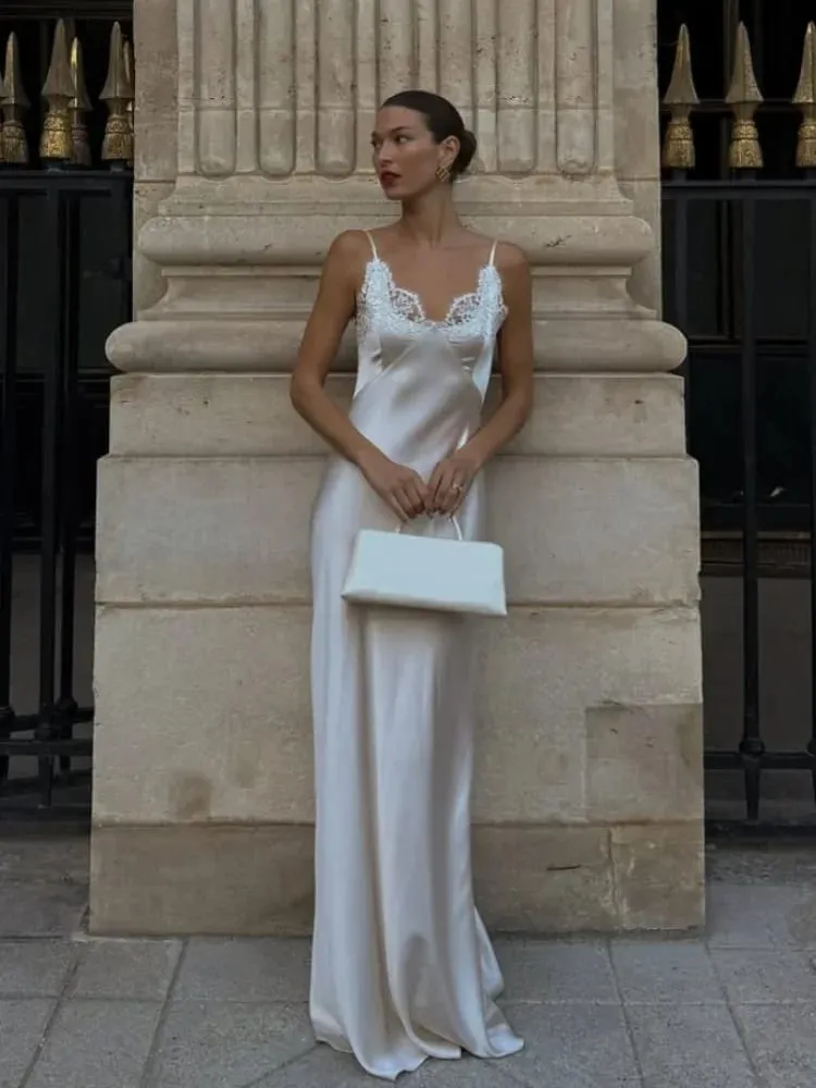 Sexy Women V-neck Satin Sling Maxi Dress Chic White Lace Patchwork Sleeveless Backless Slim Long Gown Chic Evening Party Dresses