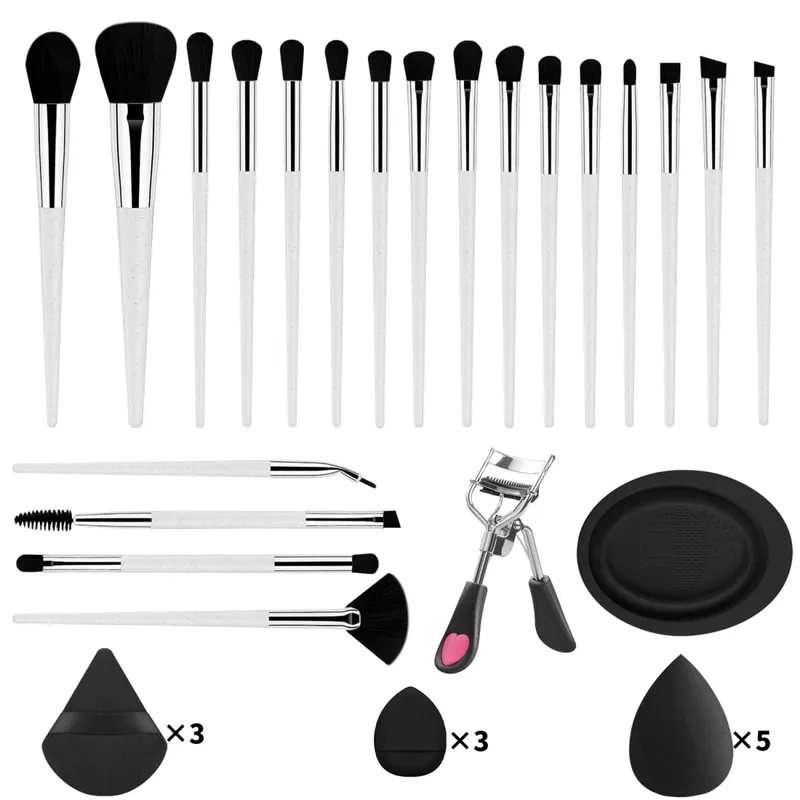 33Pcs Makeup Tool Kit 20 Makeup Brushes With Powder Puff Cleaning Bowl Eyelash Curler Full Face Eye Makeup Set