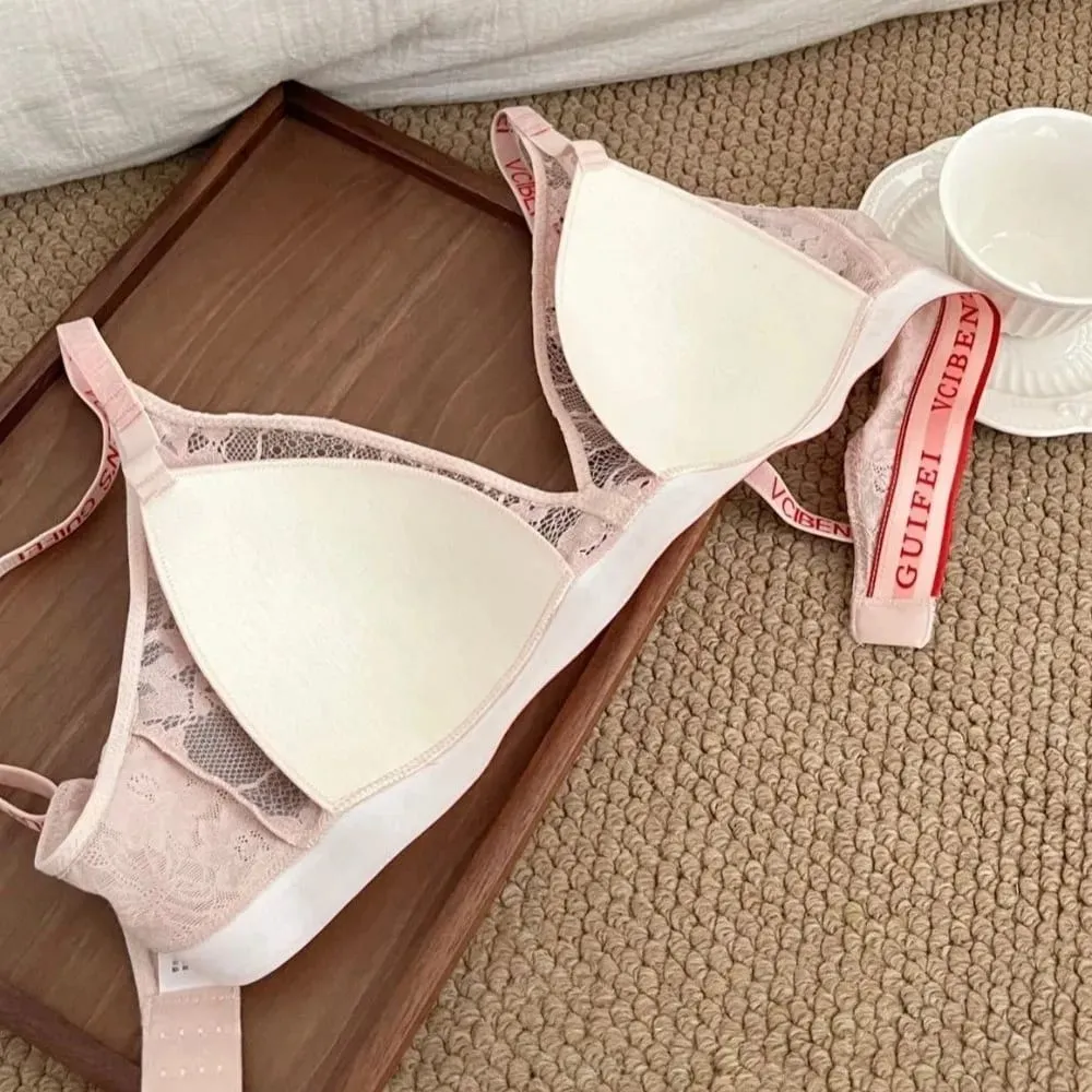 Fashion Letter Design Lingerie Set Deep V Lace Women Underwear Suit Wireless Color Blocking Bra Panties Set Gift