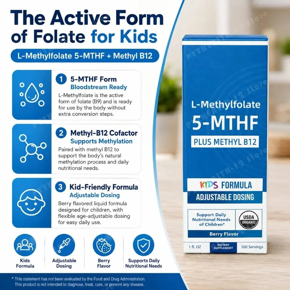 Kids L-Methylfolate 5-MTHF Drops with Methyl B12 Organic Berry Flavor Liquid Folate Supplement for Children Vegan Formula 30ml