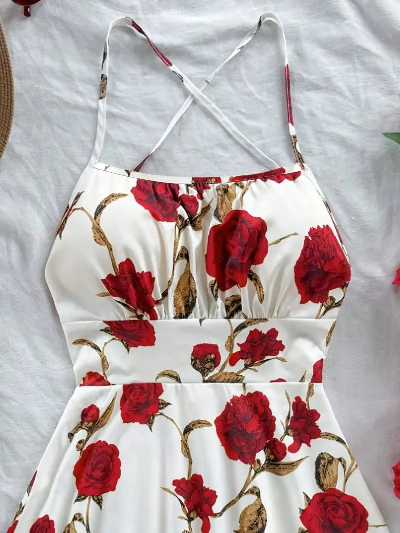 Hanging neck cross thin suspender short dress with waist cinching and big swing creating an atmosphere for women's short skirt