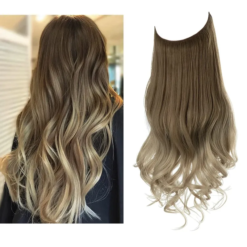 Sintético sem clipes na extensão do cabelo natural ombre preto loiro rosa uma peça onda longa fio invisível falso pedaço de cabelo