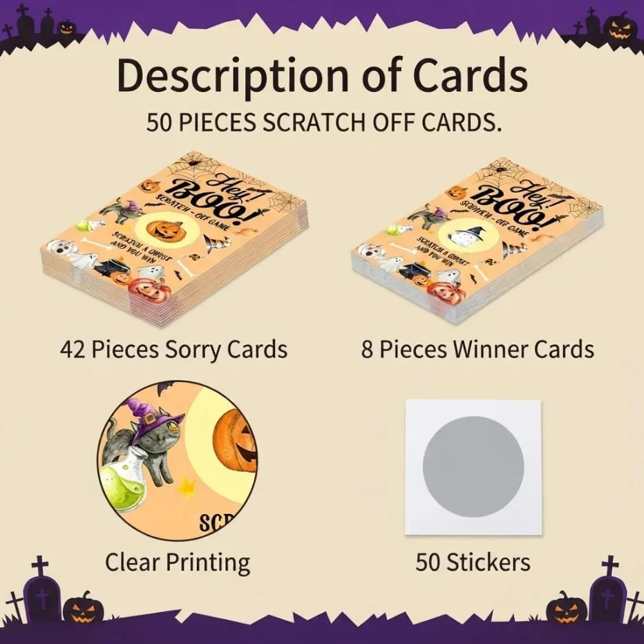 50 Halloween scratch cards Google Head Witch themed cards Halloween party games scratch to win and receive a surprise.
