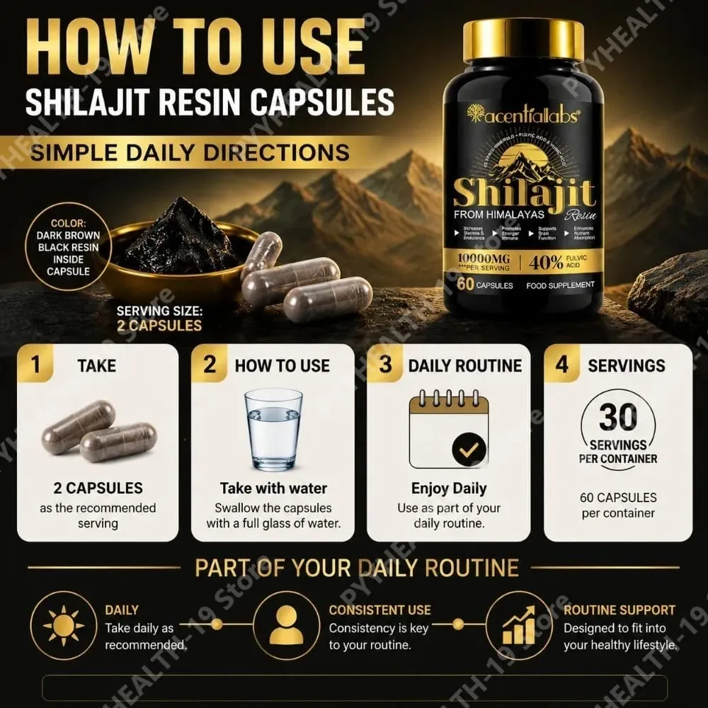 Shilajit Resin Capsules from Himalayas 1000mg 10:1 Extract 40% Fulvic Acid 60 Count Supports Stamina & Endurance Brain Function