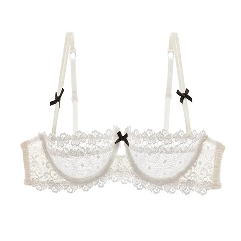 Plus Size Sexy Half Cup Lace Bra Sheer Mesh Unlined Bralette for Women A D Cup Invisible Push Up Underwire Lingerie Set