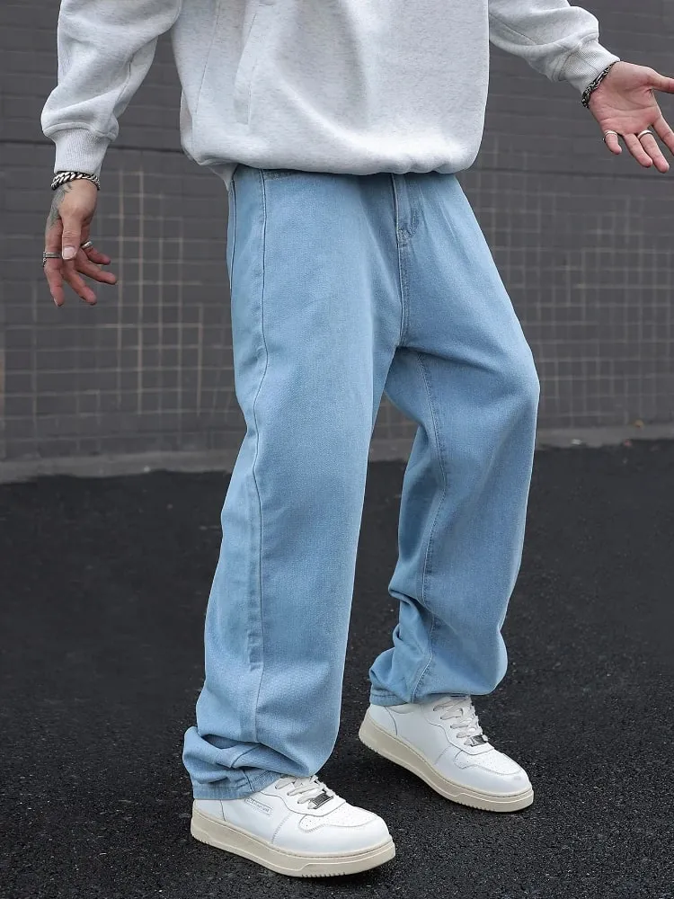 Novo algodão masculino baggy y2k jeans moda roupas masculinas cintura elástica lavada calças de perna larga sólida reta solta calças jeans