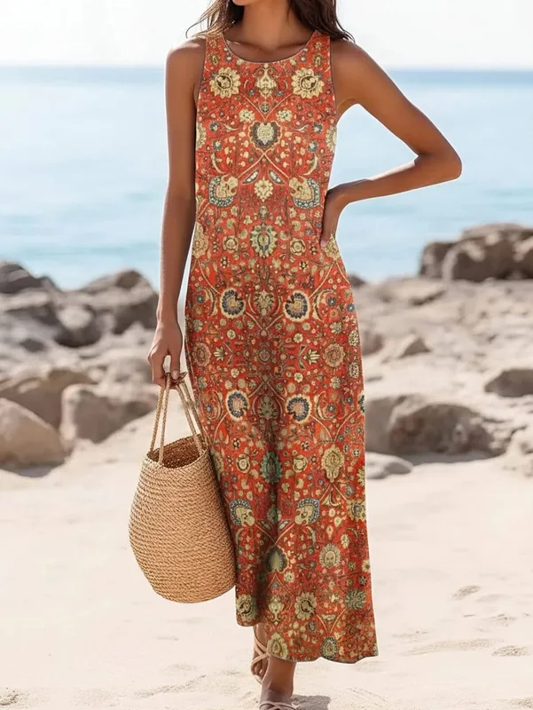 Vintage Floral Printed Women Sleeveless Sundress Summer Loose Casual Beach Long Dress Ladies Bohemia Maxi Dresses Party Vestidos