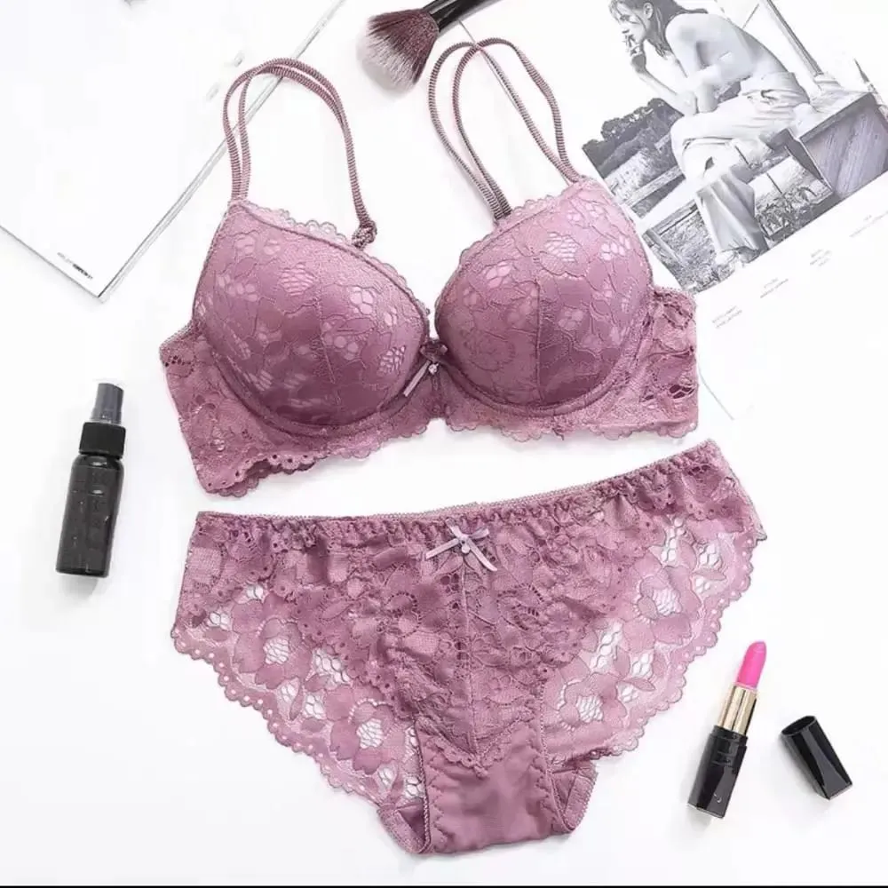 Fashion Mesh Lace Flower Bra Low Waist Non Slip Push Up Bra Women Lingerie Bowknot Seamless Underwear Set Summer