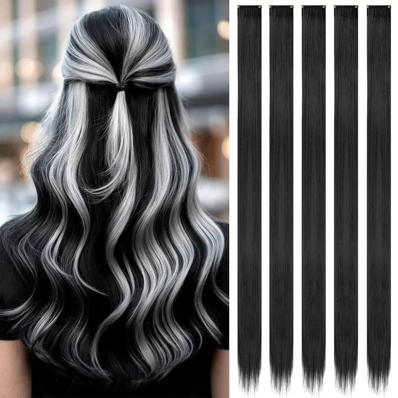 24 Inch Hair Extensions Black Straight Length Synthetic Hair Clips Party Highlights Women's Styling Hair Patches (5pcs in Blac