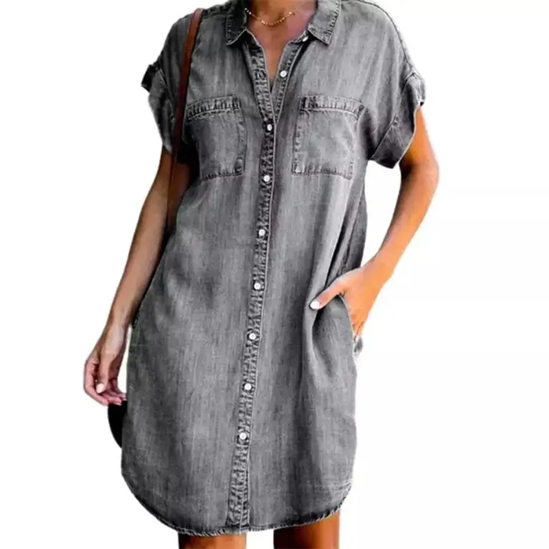 Zomer Nieuwe Single Breasted Denim Shirt Jurk Dames Casual Losse Zak Eenvoudige Retro Commuter Vrouwelijke Kantoor Denim Korte Rok