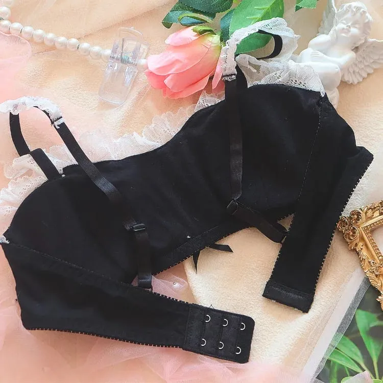 Lolita Girl biustonosze Retro Kawaii pokojówka koronkowa seksowna pokojówka Bowknot bielizna bezprzewodowy biustonosz i zestaw majtek stringi bielizna Bralette Set
