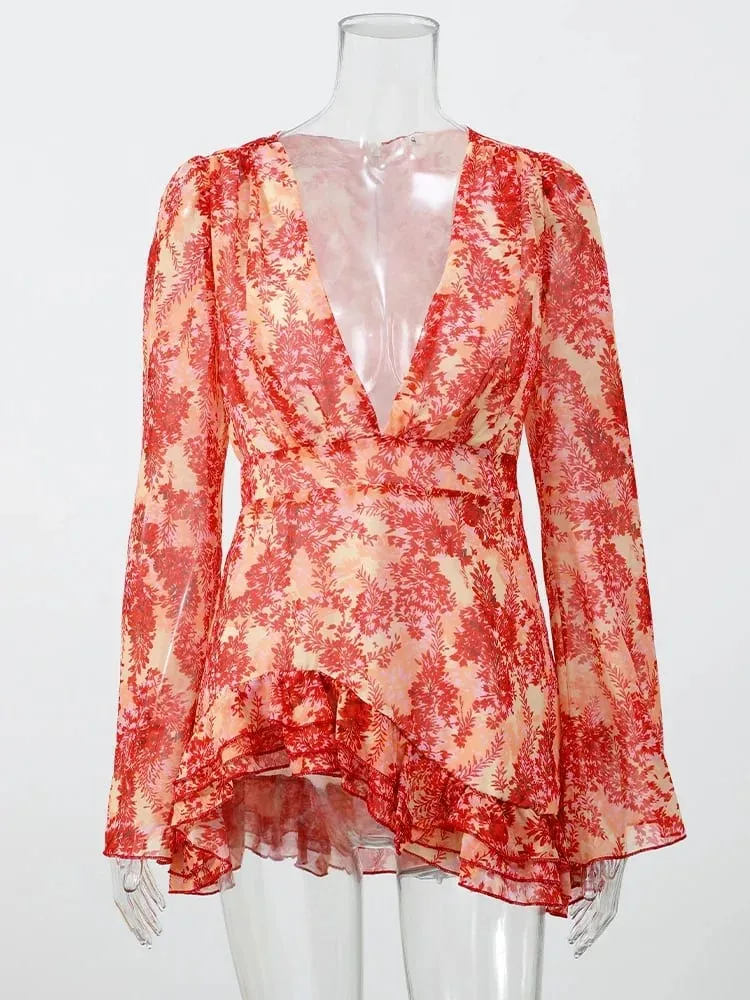 Sexy Floral Printed Mini Dress Women V-neck Flared Sleeve Waist Cinching Ruffle Bodycon Vestido 2026 Lady Party Vacation Gowns