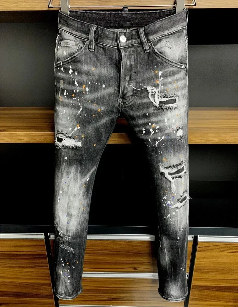 new D2 Men Jeans Badge Printed Coolguy Boy Long Pants Straight Pockets Hole SLIM BLUE embedded jeans pant 9811