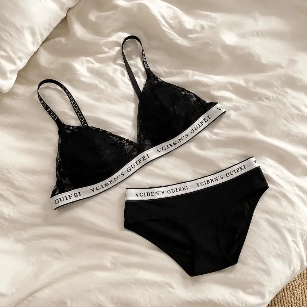 Breathable Letter Design Lingerie Set Lace Deep V Women Underwear Suit Wireless Color Blocking Bra Panties Set Gift