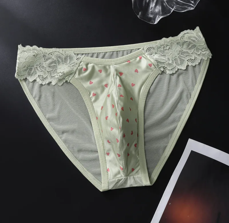 Herren-Slip aus französischer Spitze, Satin, exotisches männliches Netz, transparente Dessous, 3D-U-konvexes Höschen, atmungsaktive Eisseide, nahtlose Unterwäsche