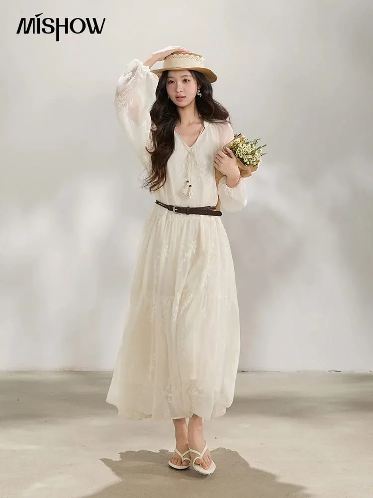Embroidered Long Sleeve Maxi Dress with Belt 2026 Spring Tiered Ruffled V Neck Tassel Tie Solid Chiffon Dress MXF14L2562