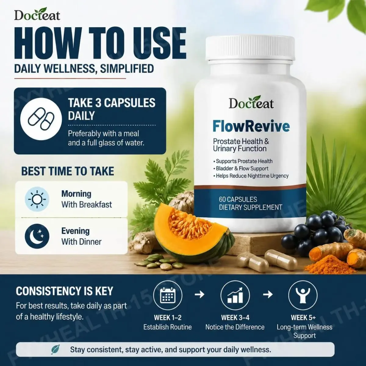Docteat FlowRevive Men’s Saw Palmetto Prostate Health Supplement with Beta Sitosterol Pygeum Quercetin Curcumin 60 Capsules