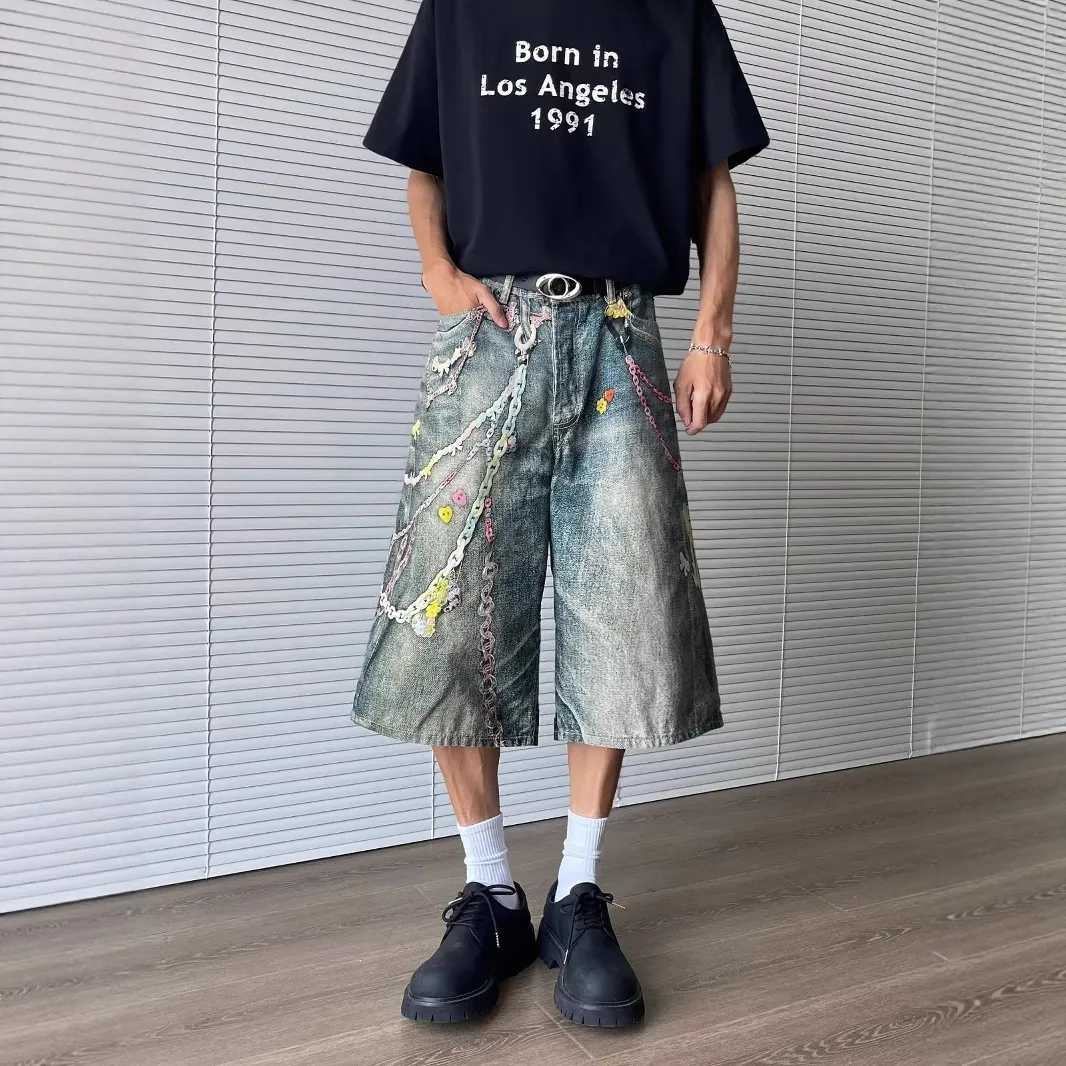 3D Print Baggy Jeans Shorts Men Streetwear Candy Chain Patchwork Summer Wide Leg Casual Loose Knee Length Pants Oversized