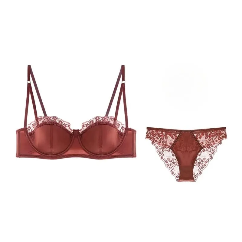 Sexy French Lace Gathered Cup Bra Set Semi Cup Design For Petite Women Lightweight Breathable Comfort Lingerie Set Sizes 32-38
