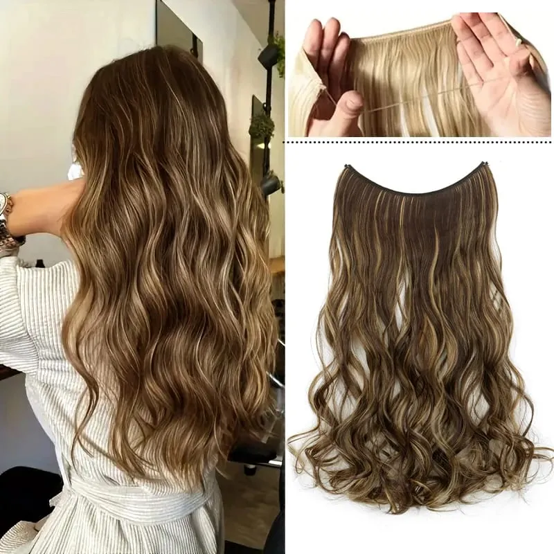 18Inch Synthetic Long Wavy Curly Hair Extension Invisible Fishing Line Soft Multi-Color Hairpiece for Women Daily Use