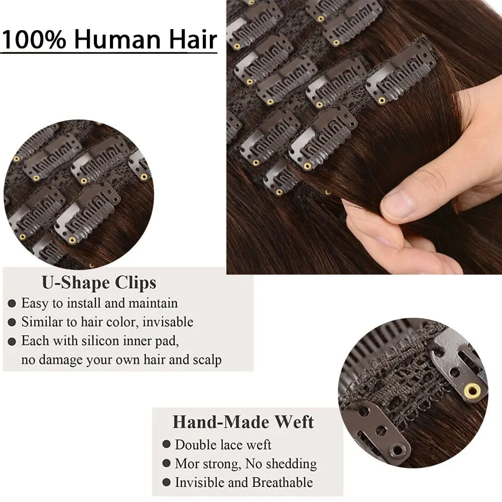 Doreen Clip Cheveux Clips en 100% Cheveux Humains Clip dans Extensions de Cheveux Véritables Pinces à Cheveux Naturelles Cousues sur Trame Brun Foncé 110G à 200G — image 5